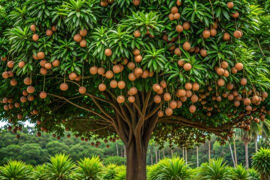 Abundant Brown Fruits Hanging from a Lush Kepel Tree 