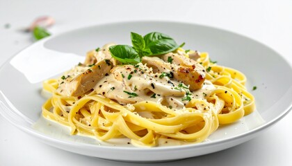 a delicious plate of fettuccine with chicken, garnished with basil
