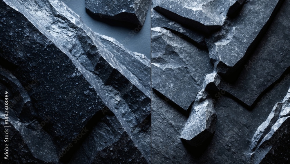 Poster Close-up of gray and black rough stone texture on a dark background. The image shows detail of the stone's unique structure and creates a sense of ruggedness and durability.