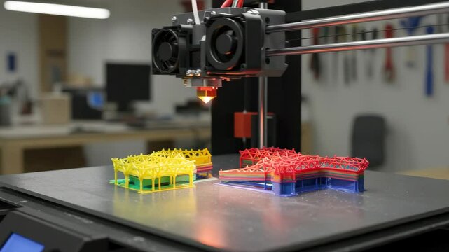 Colorful 3D models are being printed in a modern technology lab filled with advanced equipment