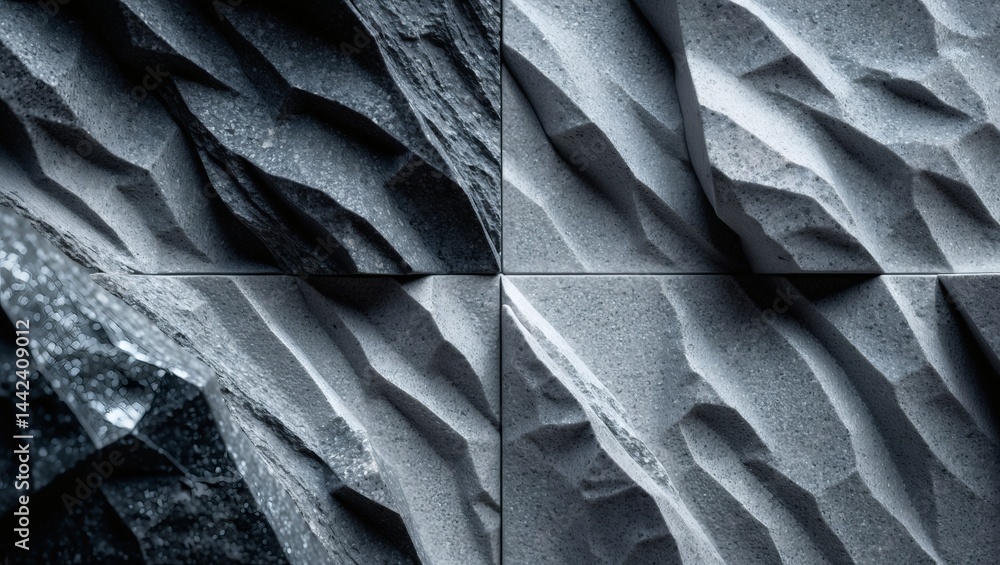 Poster a close-up view of textured stone tiles with geometric patterns and different shades of grey. The surface is rough, with a natural, raw aesthetic. The texture of the tiles is sharp and intricate.