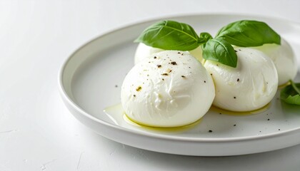 delicious fresh mozzarella cheese balls with basil leaves on a plate, ready to be savored