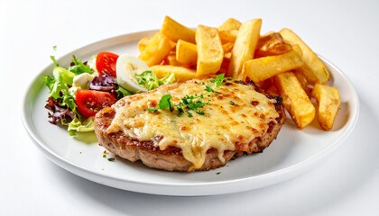 a gourmet meal featuring a succulent steak, golden fries, and a fresh side salad, artfully arranged on a pristine white plate