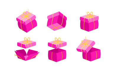 Set of pink gift boxes opening and rotating, surprise and celebration concept