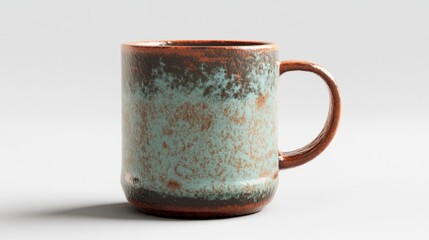 Rustic, glazed mug with mottled teal and brown design.