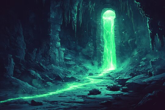 Glowing green cave stream, fantasy art, dark background, game asset