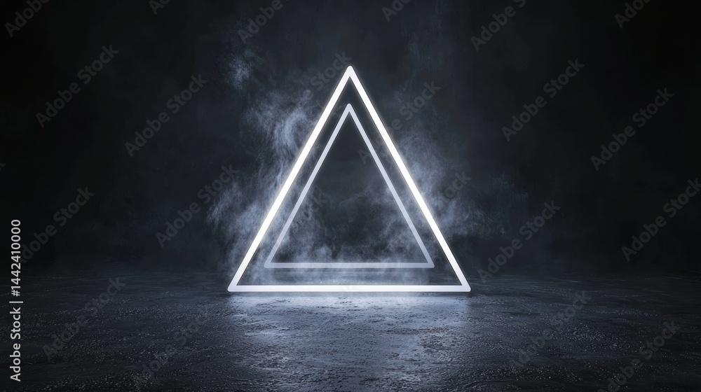 Poster a white triangle with a smaller triangle inside it is centered on a dark gray surface.