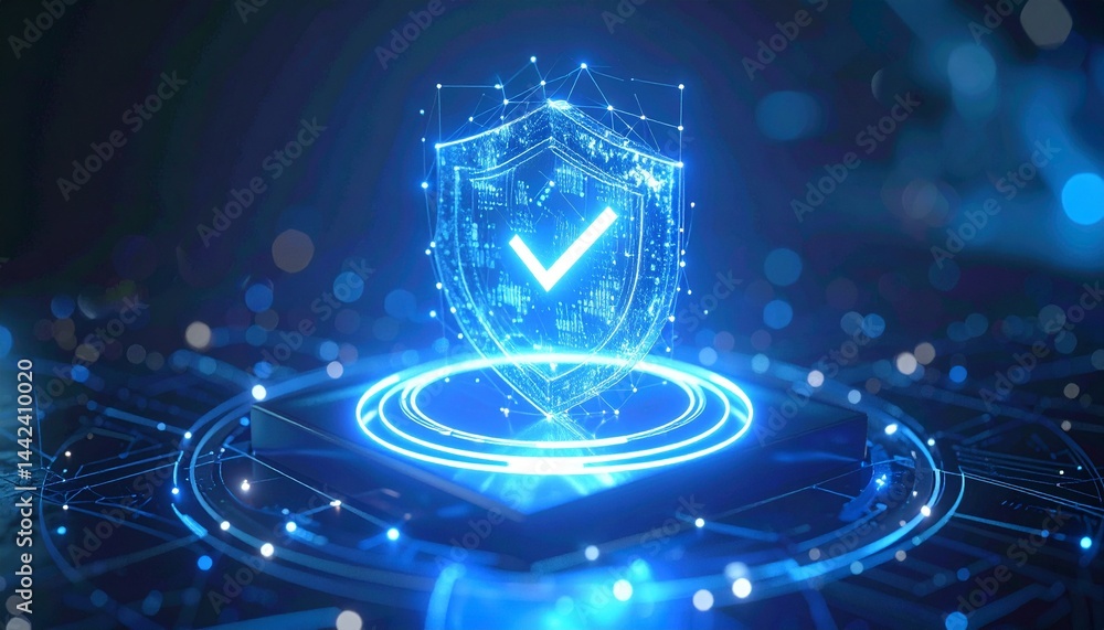 Poster a digital shield with a checkmark, representing data protection and cyber security