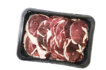 Fresh raw marbled beef steaks packaged in a black tray, ready for cooking. Ideal for gourmet meals, barbecues, and grilling enthusiasts.