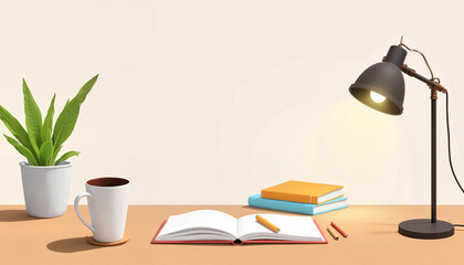 Cozy workspace with open book, coffee, and desk lamp  