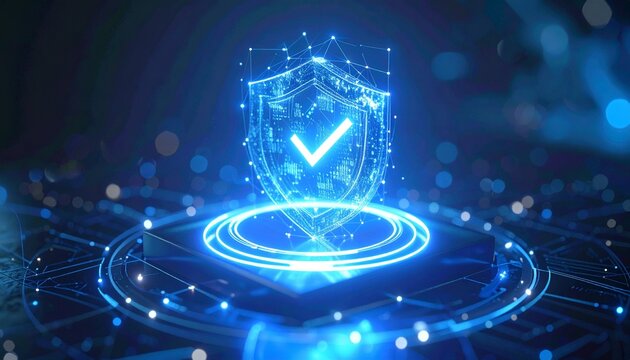 A digital shield with a checkmark, representing data protection and cyber security