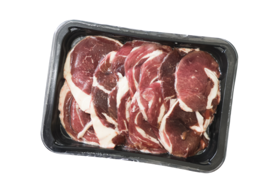 Fresh raw marbled beef steaks packaged in a black tray, ready for cooking. Ideal for gourmet meals, barbecues, and grilling enthusiasts.
