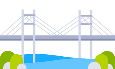 Cable stayed bridge crossing blue water with green trees on riverbank in flat design