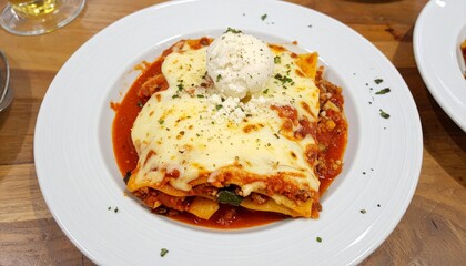 a delectable lasagna dish topped with melted cheese, a dollop of creamy ricotta, and a sprinkle of fresh parsley. The lasagna is nestled in a white plate, ready to be enjoyed. 