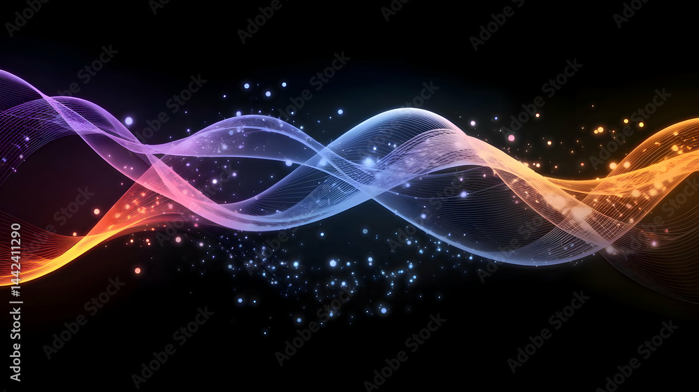 Poster abstract flowing light particle stream visuals and data display