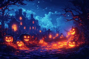 Halloween night, spooky house, pumpkins, path