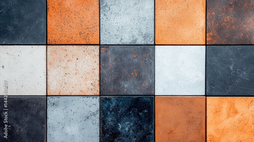 Poster a grid of square tiles in various colors and textures.