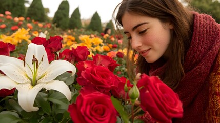 Naklejka premium Woman smelling roses and lilies in garden