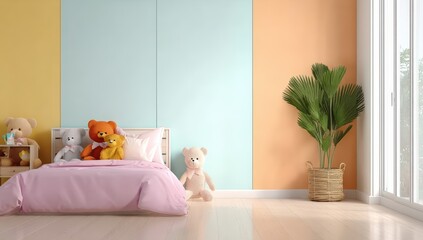 Cozy children's bedroom with pastel walls, teddy bears on the bed, a houseplant, and sunlight streaming through large windows.