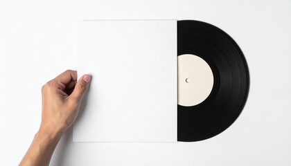 Obraz premium a hand carefully holding a vinyl record in its sleeve