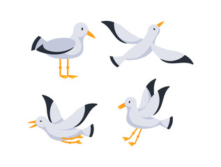 Seagull flying and standing, flapping wings and screaming, cartoon vector set