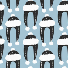 Warm Ear Flap Hat with fur, buboes and stitch Seamless Pattern Black and White on Blue Background