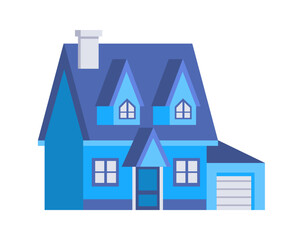Blue suburban house with garage and chimney representing real estate