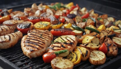 Grilled vegetables and chicken close-up on black BBQ ,  vegetables,  summertime,  healthy