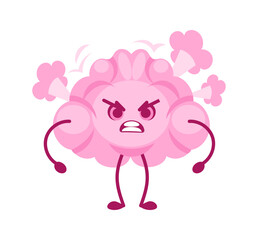 Angry pink brain emitting steam from ears and flexing arms