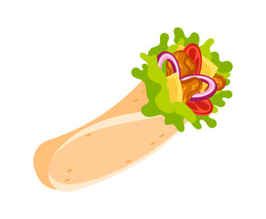 Delicious chicken wrap with fresh vegetables and cheese filling isolated on white background