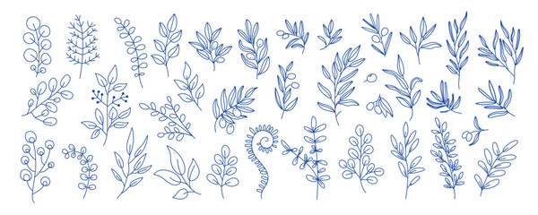 Mediterranean blue branches set. A collection of hand drawn botanical elements featuring branches. Perfect for natural themed designs, invitations, packaging and branding.
