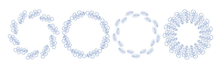 Mediterranean blue branches circular frame set. Minimal hand drawn design with leaves. Perfect for wedding invitations, cards, logo design, and posters.