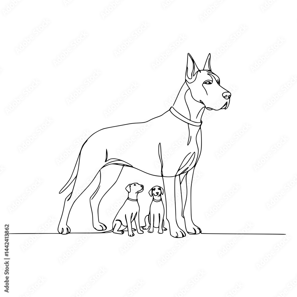 Poster line drawing of a dog playing hide and seek with puppies on transparent background