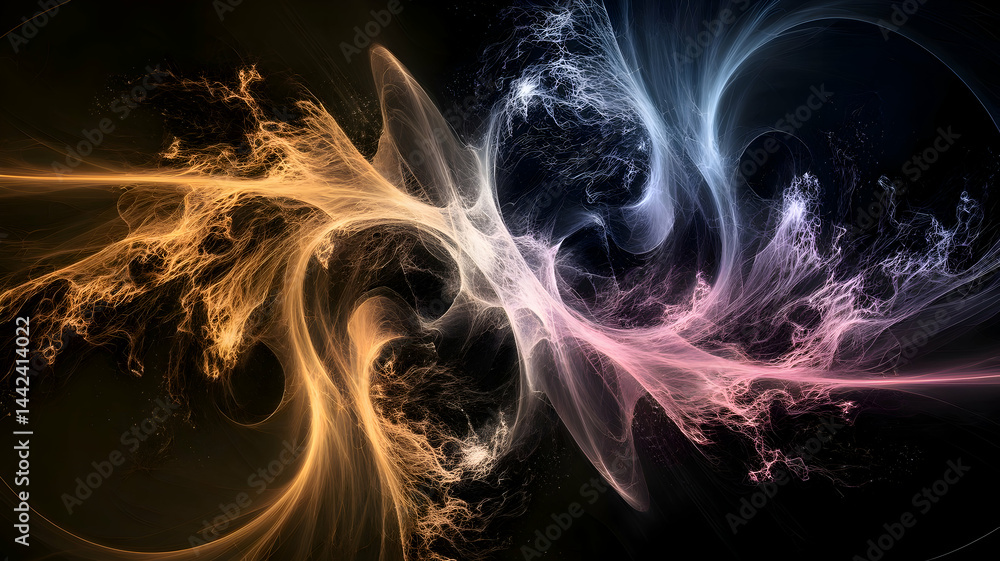 Poster abstract particle flow visualization digital art with golden and blue colors