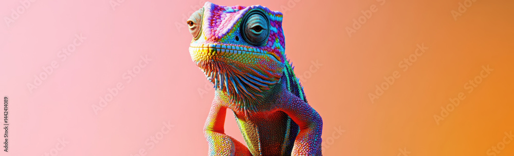 Poster colorful chameleon with vibrant patterns against gradient background, showcasing its unique features