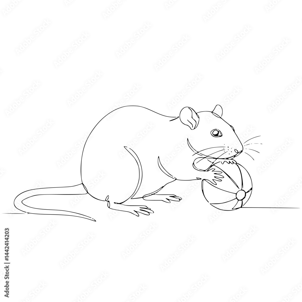 Poster line drawing of a rat playing with a ball on transparent background