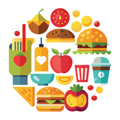 Flat Design Icons of Various Food Items for Cafe or Restaurant