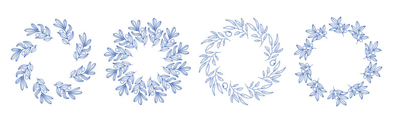 Blue olive branches circle frame set. Circular frames with branches. Hand drawn collection of olive leaves and decorative elements. Perfect for wedding invitations, cards, logo design, and posters