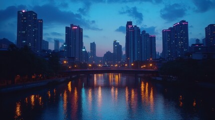 Naklejka premium City skyline reflecting its lights upon the water at dusk