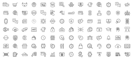 Money and finance line icons collection. Clock and Time linear icons. Education, School, Book .