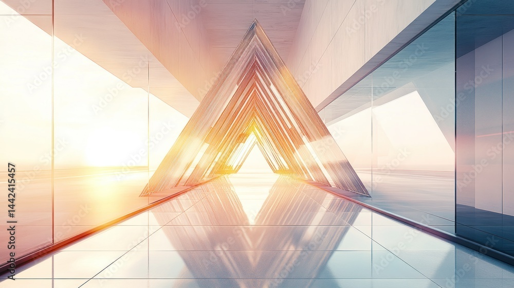 Poster transparent triangular structure inside an architectural corridor reflecting sunlight