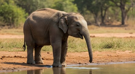 Obraz premium Elephant Calf Drinking Water in Natural Habitat