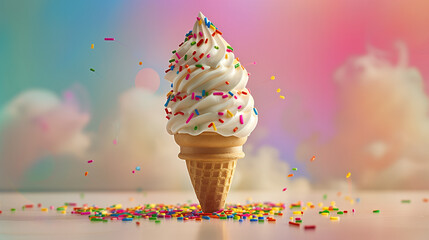 "Aesthetic vanilla ice cream cone with rainbow sprinkles on a pastel background, soft lighting, food photography, high detail -