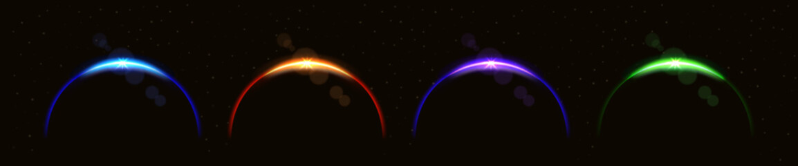 Colorful Planet Horizon Glow Set – Vector Space Eclipse with Sunrise Flare and Crescent Planet Edge in Blue, Red, Purple, and Green © Jer