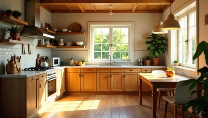 Sunlit kitchen, warm wood tones, inviting space, clean, breakfast