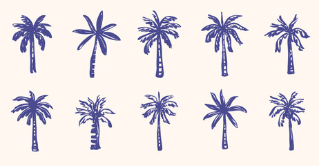 Set of Hand Drawn Palm Trees in Tropical Hawaii Island for Beach Summer Vacation Vintage Background Clip Art Vector © kawacreative