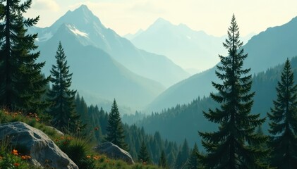 Fototapeta premium Vintage-styled misty mountain fir forest, soft focus, wilderness, misty