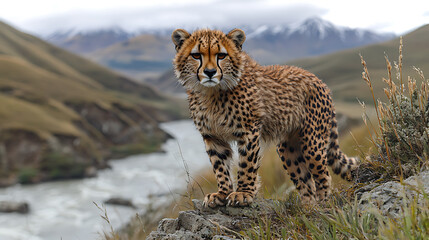Cheetah standing on riverbank in Ngorongoro Conservation Area, Tanzania