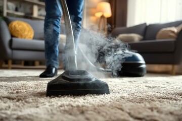 A person steam cleaning a carpet in a cozy, modern living room.