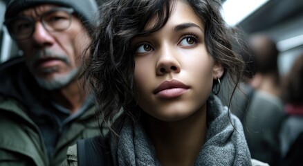 A young woman in the middle of a crowded subway